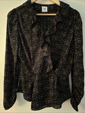 CAbi Black Ruffle Front Blouse with Tiny Heart Print
